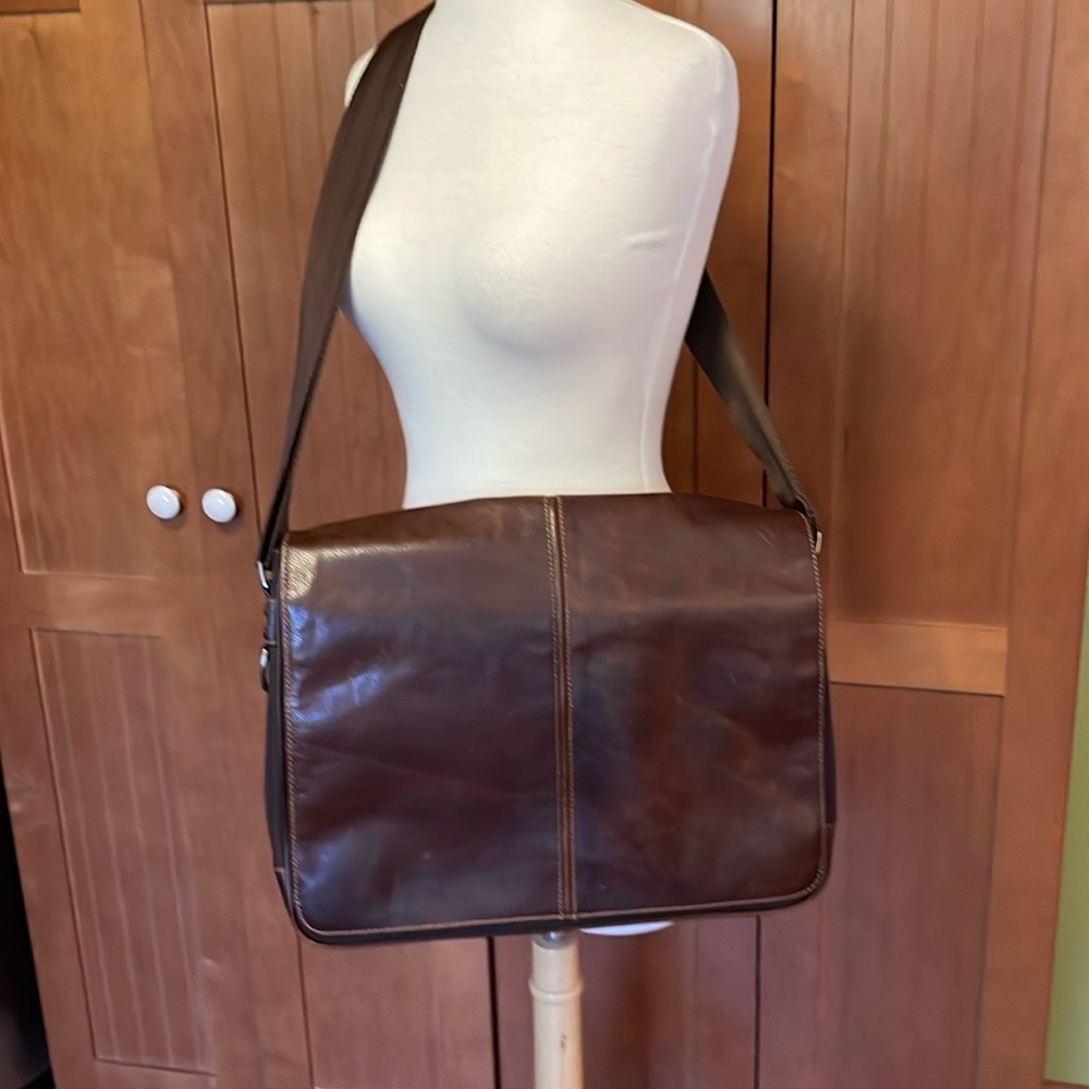 Boconi brown leather & fabric messenger bag.